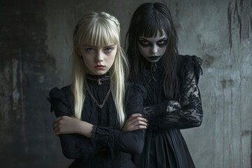 Portraits of Two Gothic Girls in Dark Vintage Fashion Setting