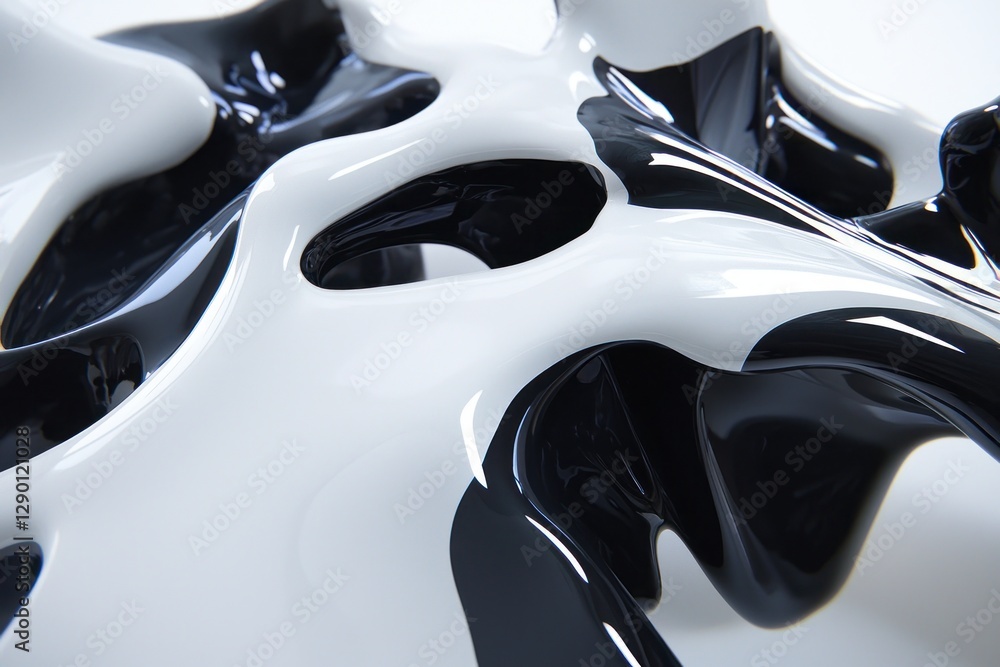Poster captivating abstract form showcasing dynamic interplay of fluid black and white shapes in a futurist
