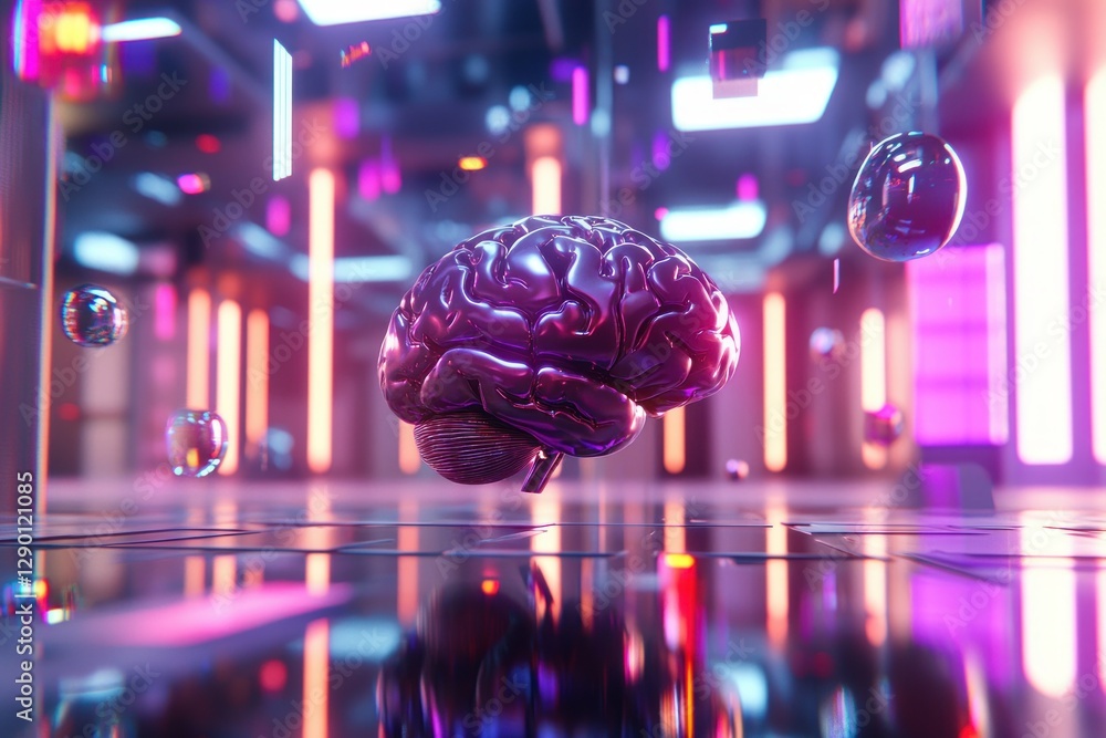 Poster artificial brain with futuristic technology background illuminated by neon light for digital transfo