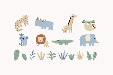 Cute African Safari animals flat style. Childish rhinoceros, giraffe, leopard, crocodile, koala. Kids vector illustrations  © NadezdaBarkova