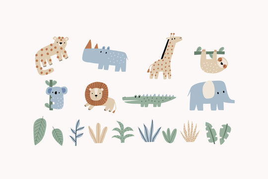Cute African Safari animals flat style. Childish rhinoceros, giraffe, leopard, crocodile, koala. Kids vector illustrations 