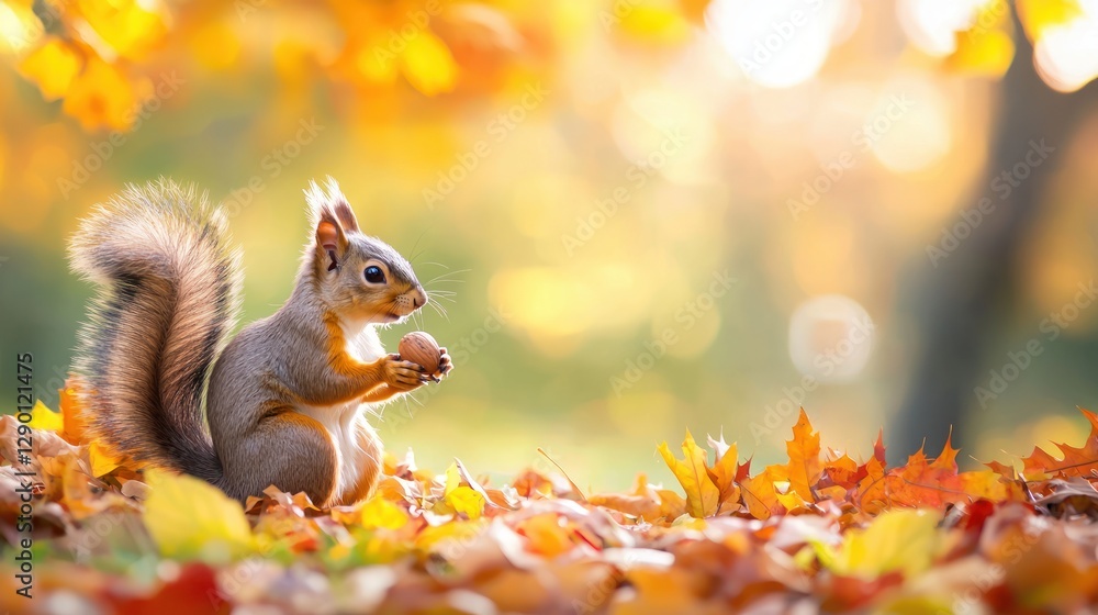Poster captivating squirrel in autumn leaves holding walnut against a golden bokeh background creating a se