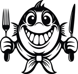Smiling cartoon Fish Seafood Restaurant silhouette vector illustration, Smiling cartoon Fish Seafood Restaurant line art vector, Smiling cartoon Fish Seafood Restaurant vector icon design