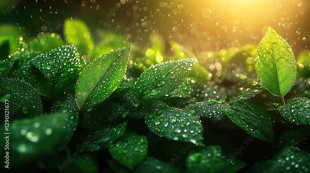 Poster verdant leaves with sparkling raindrops bokeh effect in the background