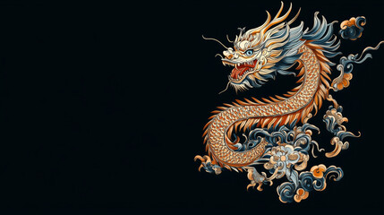 Fototapeta premium Majestic Dragon's Grace: An illustration of a golden, mythical dragon against a dark background. The dragon embodies power, fortune, and ancient traditions.