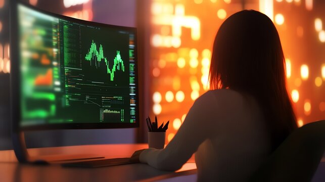 A female data scientist analyzes big data on a curved monitor, surrounded by glowing graphs and Python scripts. Perfect for tech and data-related projects