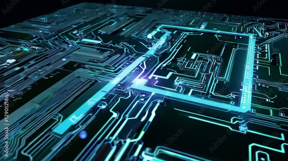 Poster Motherboard with chips transferring network signals. Circuit board concept with calculations on the chip blocks