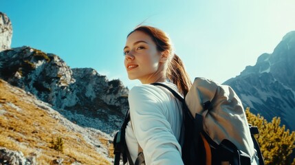 Naklejka premium Serene beauty meets wild nature—a radiant woman hikes amid majestic peaks, flawless skin glowing in sunlight.