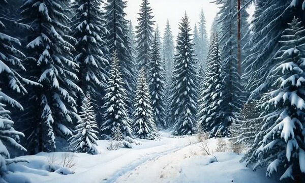 Snowy pine forest pathway, tranquil winter scene, nature