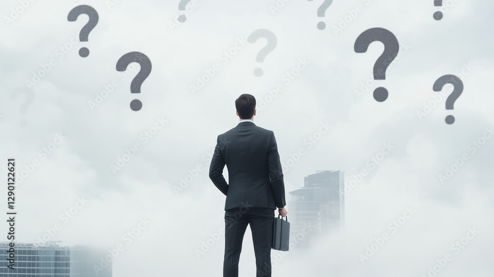 Poster navigating uncertainty: a silhouetted businessperson stares contemplatively at a sky filled with que