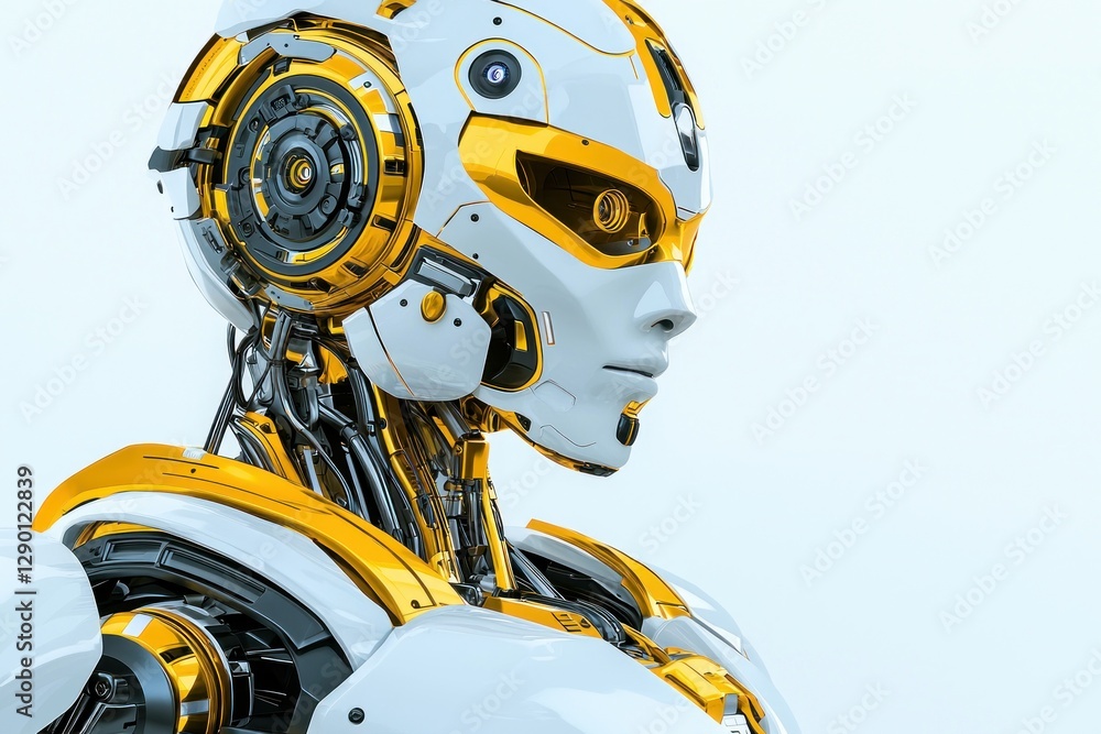 Poster futuristic android concept with golden accent on white glossy surface for technology and robotics cr