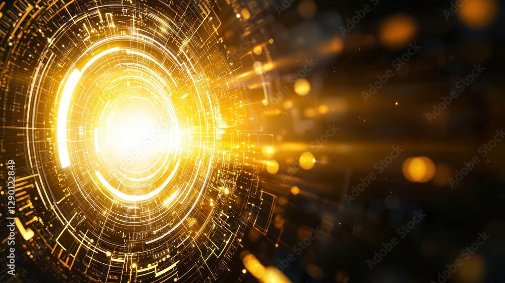 Poster abstract golden technology tunnel with glowing light at the end futuristic circuit board design arti