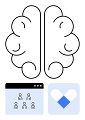Stylized brain with swirls, digital interface with team icons, and heart-shaped pill. Ideal for mental health, teamwork, digital health, innovation, wellness, medical care abstract line flat