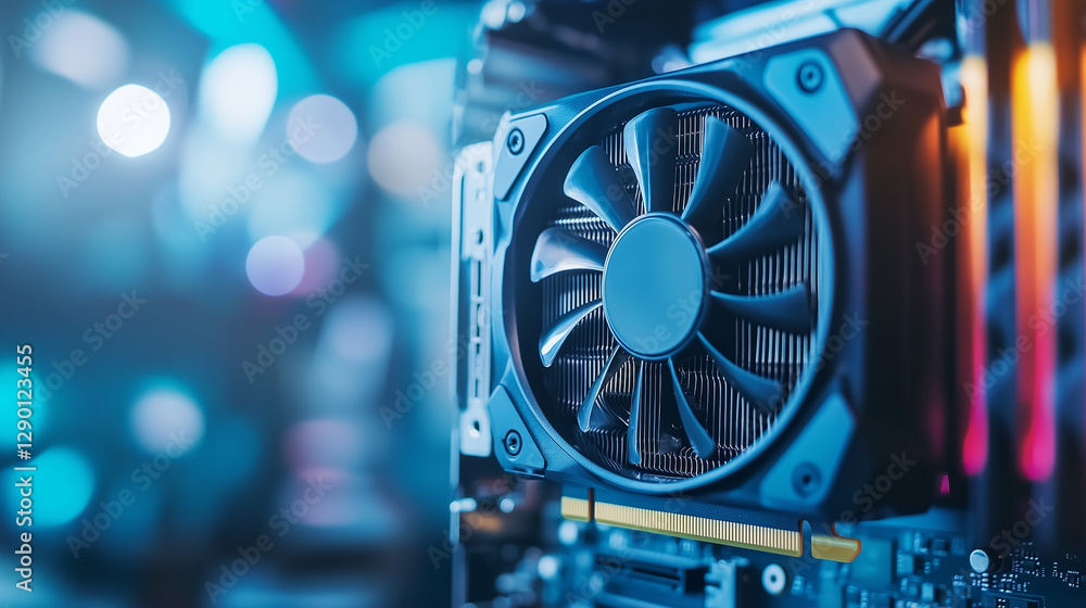 Poster modern computer hardware: a close-up perspective on a high-performance computer graphic card featuri