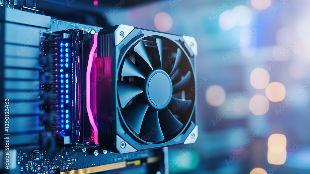 Poster computer cooling system: a close-up view of a modern computer's cooling system, showcasing the fan, 