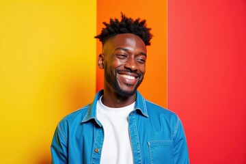 Fototapeta premium Portrait of a 30-Year-Old Black Male Smiling Against a Vibrant Yellow and Orange Background, Expressing Joy and Confidence, Captured in a Professional Photoshoot