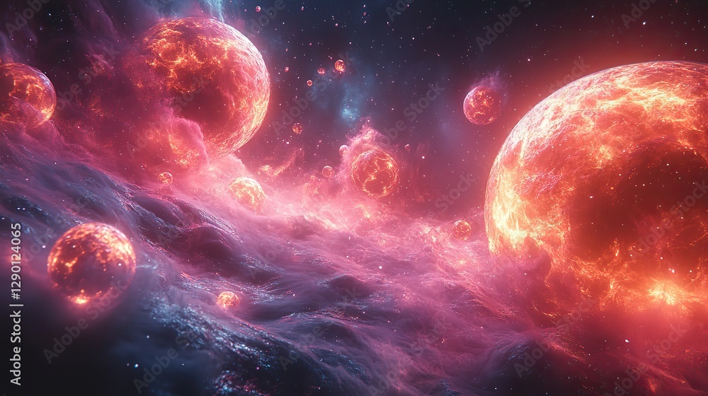 Poster vivid spheres exploding in a dynamic cosmic scene