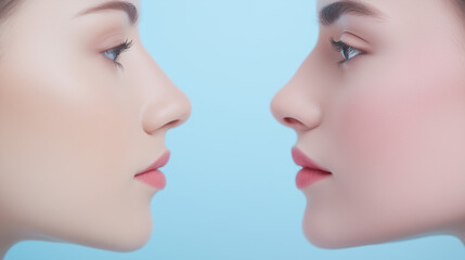 Symmetry in Beauty: Two women's faces, captured in a studio shot, highlight the beauty of balanced features, focusing on noses, lips, and the planes of the face
