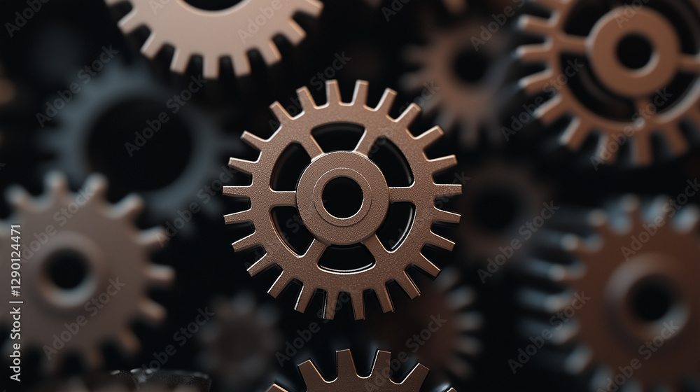Poster cogwheels in motion: abstract image with a collection of interconnected cogwheels, suggesting indust