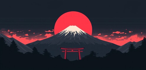 Serene Mountain Landscape with Torii Gate Under a Large Red Sun