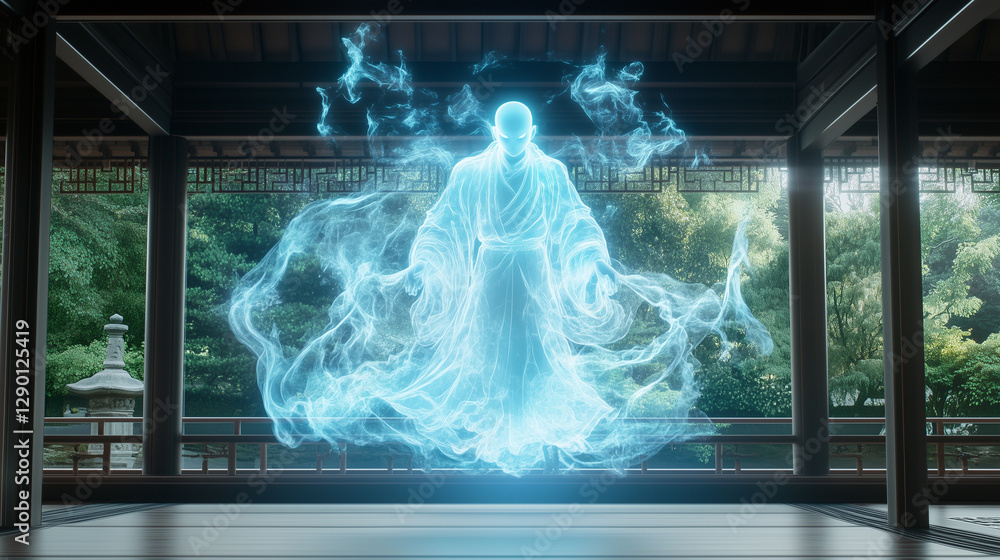 Poster spirit vision: a serene image featuring an ethereal figure, emanating a luminous aura, hovering insi