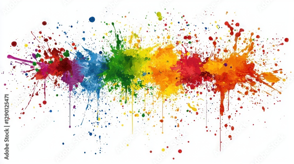 Poster vibrant spectrum of splattered paint colors on white backdrop creates a dynamic artistic expression 
