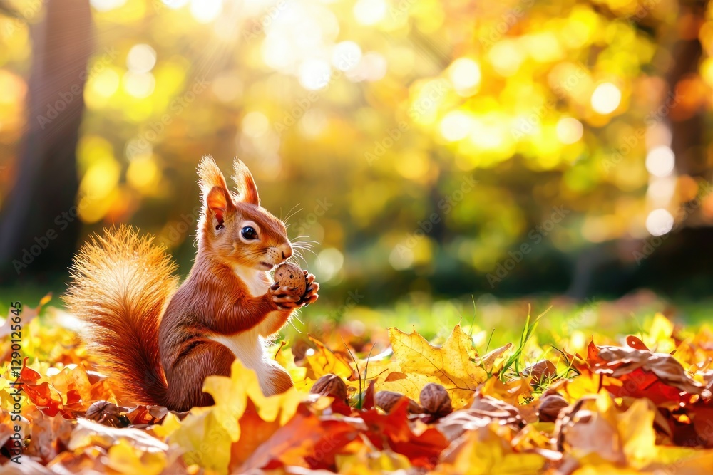 Poster adorable squirrel enjoying a nut amidst vibrant autumn foliage in a sunlit forest setting capturing 