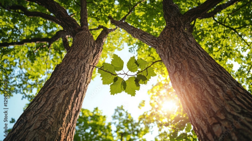 Poster sunlight filtering through lush green canopy view of towering trees with vibrant foliage and clear s