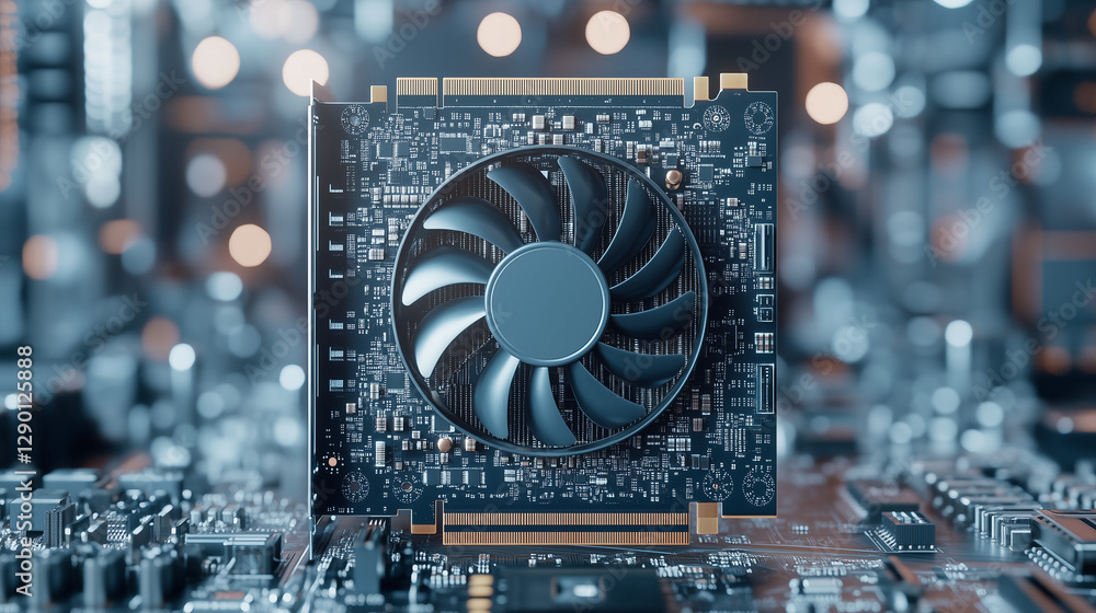 Poster cutting-edge circuitry: captivating close-up of a graphics card with a cooling fan, showcasing intri