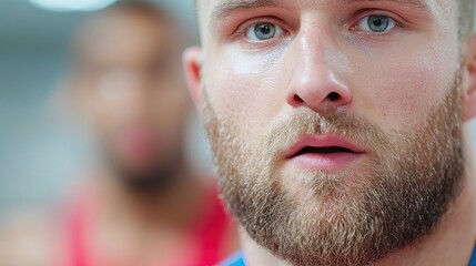 Close-up of man's face, focused, gym setting, concentrated. Possible use for sport articles or health content