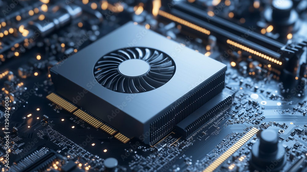Poster advanced technology: close-up shot of an advanced computer component, a heat sink and fan, showcasin