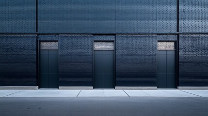 Fototapeta premium Urban Architecture Dark Brick Building with Three Doors on Sidewalk