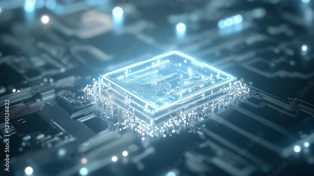 Poster glowing microchip: a detailed shot of a luminous microchip, radiating an ethereal blue glow, showcas