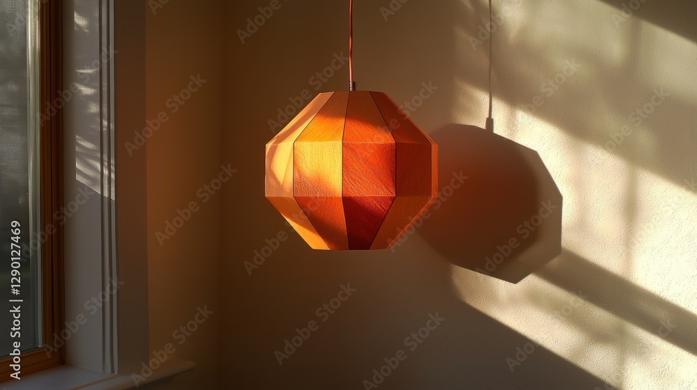 Poster geometric orange pendant lamp casting shadows on a textured wall creating a warm and inviting atmosp