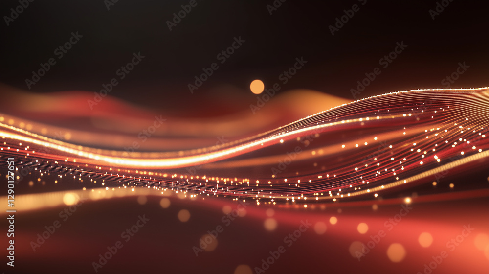 Poster golden digital flow: an abstract display of flowing lines and particles in shades of gold and orange