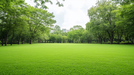 Fototapeta premium Serene Green Oasis: A vibrant expanse of lush green lawn and trees, under the bright sky, creating a scene of tranquility.