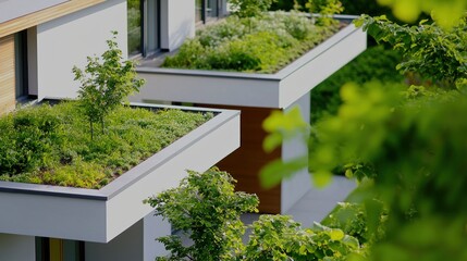Fototapeta premium Modern architecture with green roof garden showcasing sustainable design and eco friendly building practices in a bright sunny day promoting environmental awareness