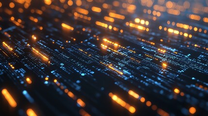 Fototapeta premium Glowing binary code in vibrant orange, showcasing digital patterns and data transmission. Perfect for tech articles, presentations, and creative projects.