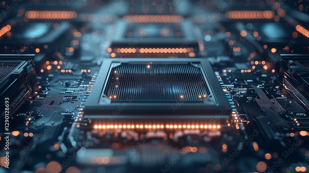 Poster cybernetic nexus: a close-up, cinematic view of a microchip’s intricate circuitry and processors in 