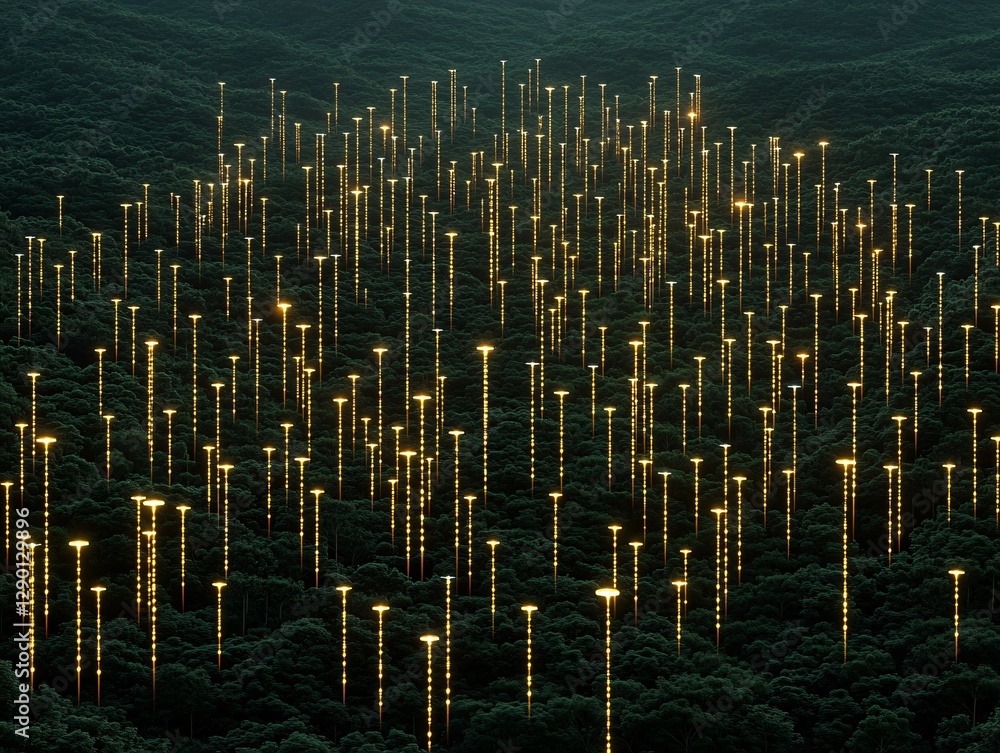 Poster a smart forest where trees communicate through an ai-assisted network, glowing nodes tracking enviro