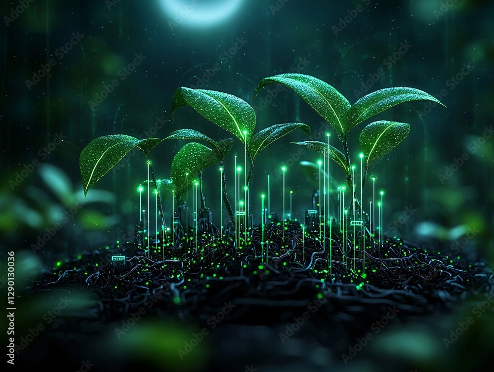 Poster a smart forest where trees communicate through an ai-assisted network, glowing nodes tracking enviro