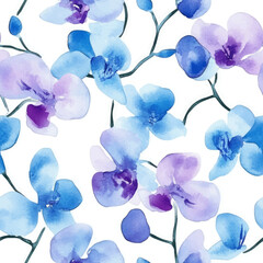 Delicate watercolor orchids in shades of blue and purple, creating an elegant floral background.  pattern background or texture print. Fashion organic texture.