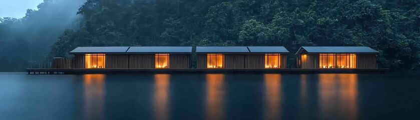Obraz premium a tranquil riverside village powered entirely by hydroelectric energy, water turbines seamlessly blending into the landscape, reflections of soft neon eco-lights in the water, a sense of harmony and
