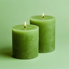 Two green candles burning on a green background