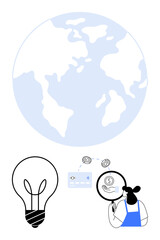 Large globe, financial card transactions, currencies, lightbulb, and magnifying glass examined by a woman. Ideal for finance, global business, innovation, analytics investment economy technology