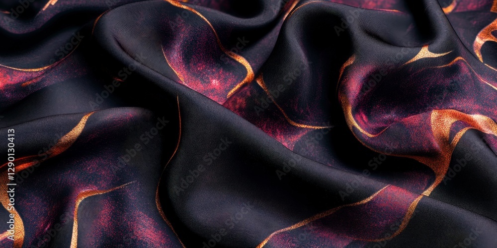 Poster elegant black fabric with gold and red abstract wave patterns
