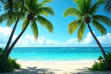 Leaning palm trees frame turquoise ocean waves, stock photo, coast