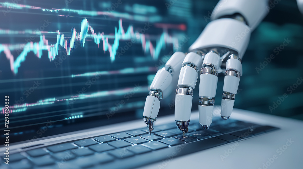 Poster robotic analysis: a close-up of a robotic hand interacting with a laptop displaying financial data, 