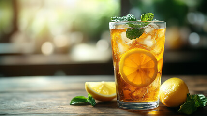 Fototapeta premium Refreshing Glass of Iced Tea with Lemon Slice and Mint Leaves on Rustic Wooden Table