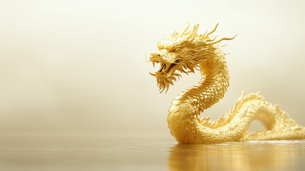 Fototapeta premium Golden Dragon of Myth: A majestic golden dragon, a symbol of power and good fortune, emerges from a mystical setting, its scales glistening under an ethereal glow.